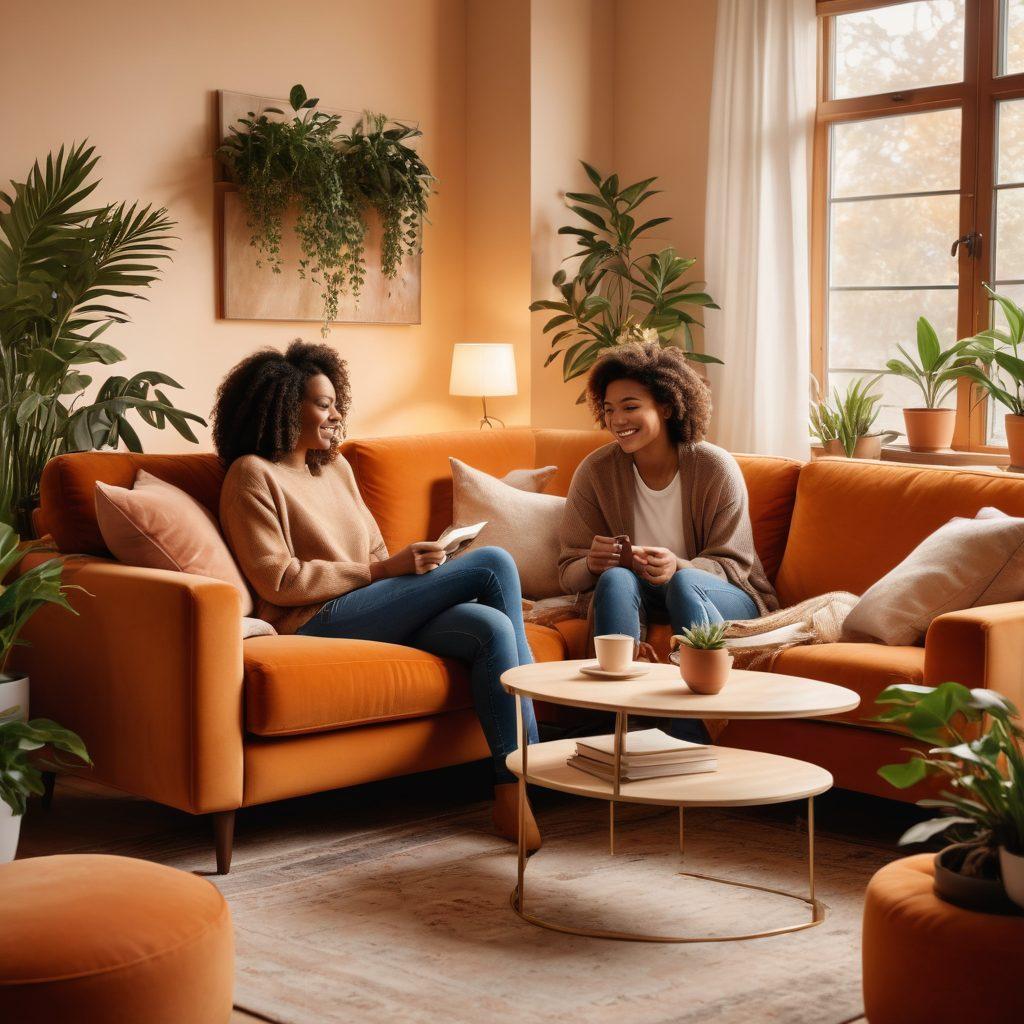 A cozy living room setting with two diverse individuals sitting on a plush sofa, engaged in an open conversation, surrounded by soft lighting and plants. Include elements like a steaming coffee cup, open books on emotional intelligence, and warm colors that evoke intimacy and connection. Illustrate subtle body language cues like leaning in and smiling to emphasize deep communication. super-realistic. warm colors. inviting atmosphere.