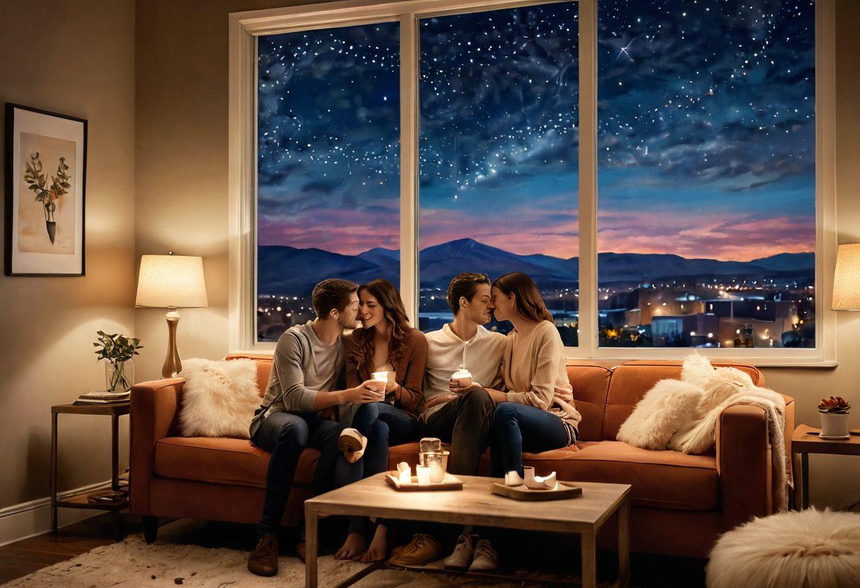 A serene couple sitting together on a cozy couch, surrounded by warm lighting and soft textures, engaged in deep conversation. Incorporate elements like a heart-shaped coffee table, framed love notes on the walls, and a window showing a starlit sky. Use soothing colors that evoke warmth and connection. super-realistic. vibrant colors. cozy atmosphere.