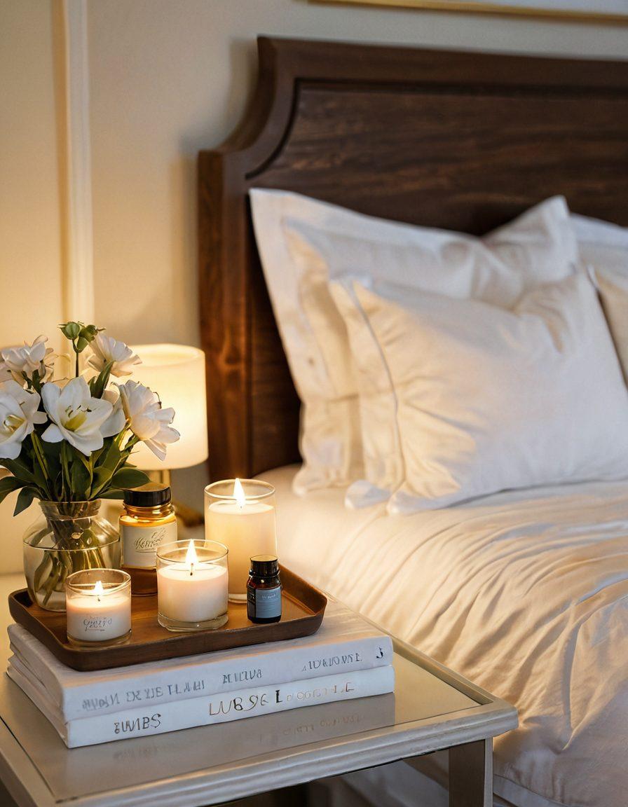 A serene bedroom setting with a beautifully made bed adorned with soft, inviting linens. A warm glow from candles on a nightstand illuminates a selection of wellness products, including essential oils and intimate guides. Include delicate flowers for a touch of romance. The atmosphere should radiate peace and intimacy, inviting viewers to explore their passions. soft focus, warm color palette, cozy aesthetic.